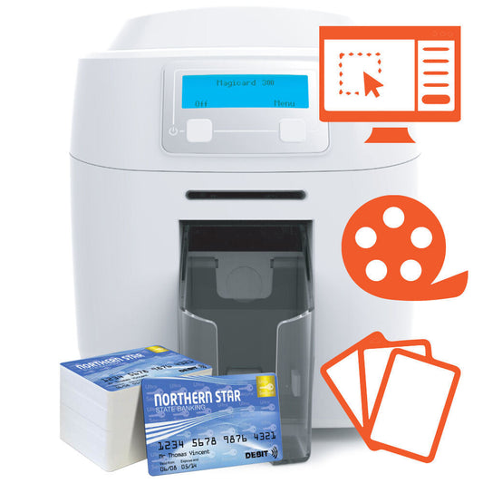 [STARTER KIT PER RICORDINI] MAGICARD 300 PRO FRONTE RETRO + SET PER LA PRODUZIONE DI 300 RICORDINI IN PVC