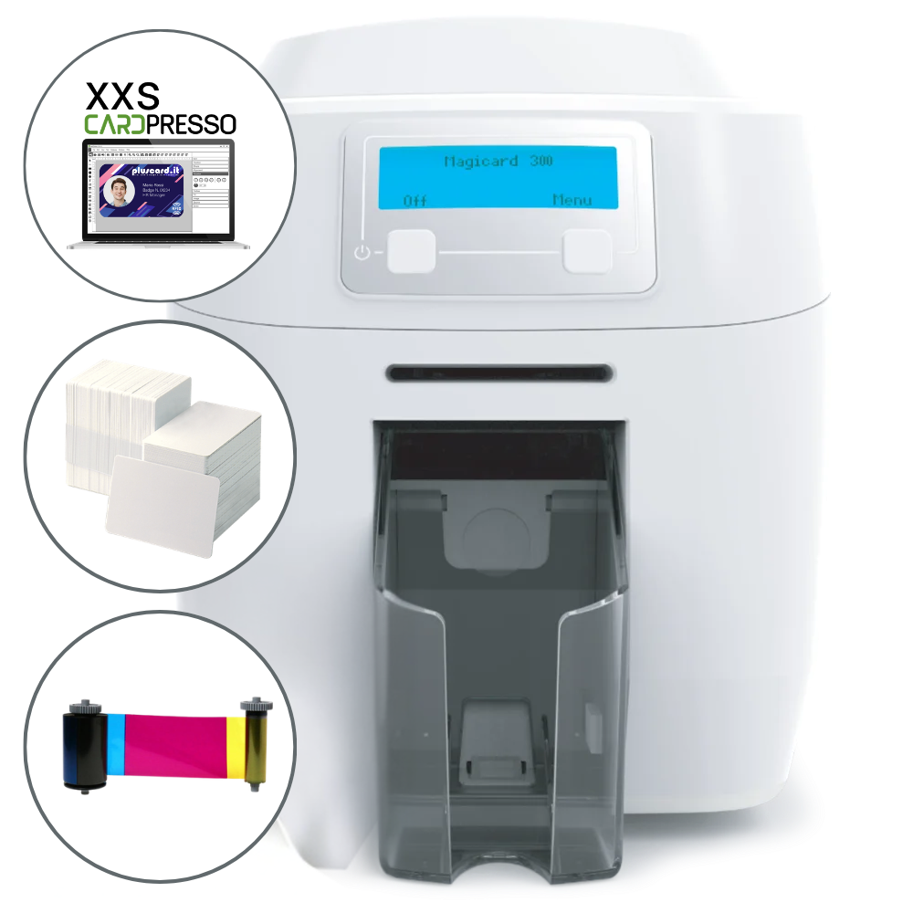 MAGICARD 300 PRO FRONTE RETRO + SET PER LA PRODUZIONE DI 300 CARD PVC A COLORI (SOFTWARE INCLUSO)