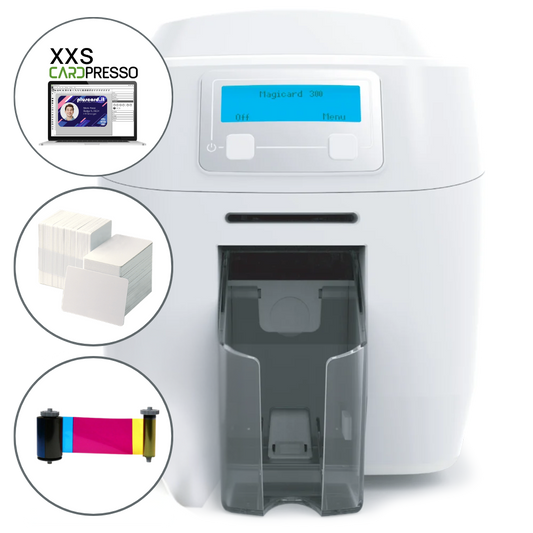 MAGICARD 300 PRO FRONTE RETRO + SET PER LA PRODUZIONE DI 300 CARD PVC A COLORI (SOFTWARE INCLUSO)